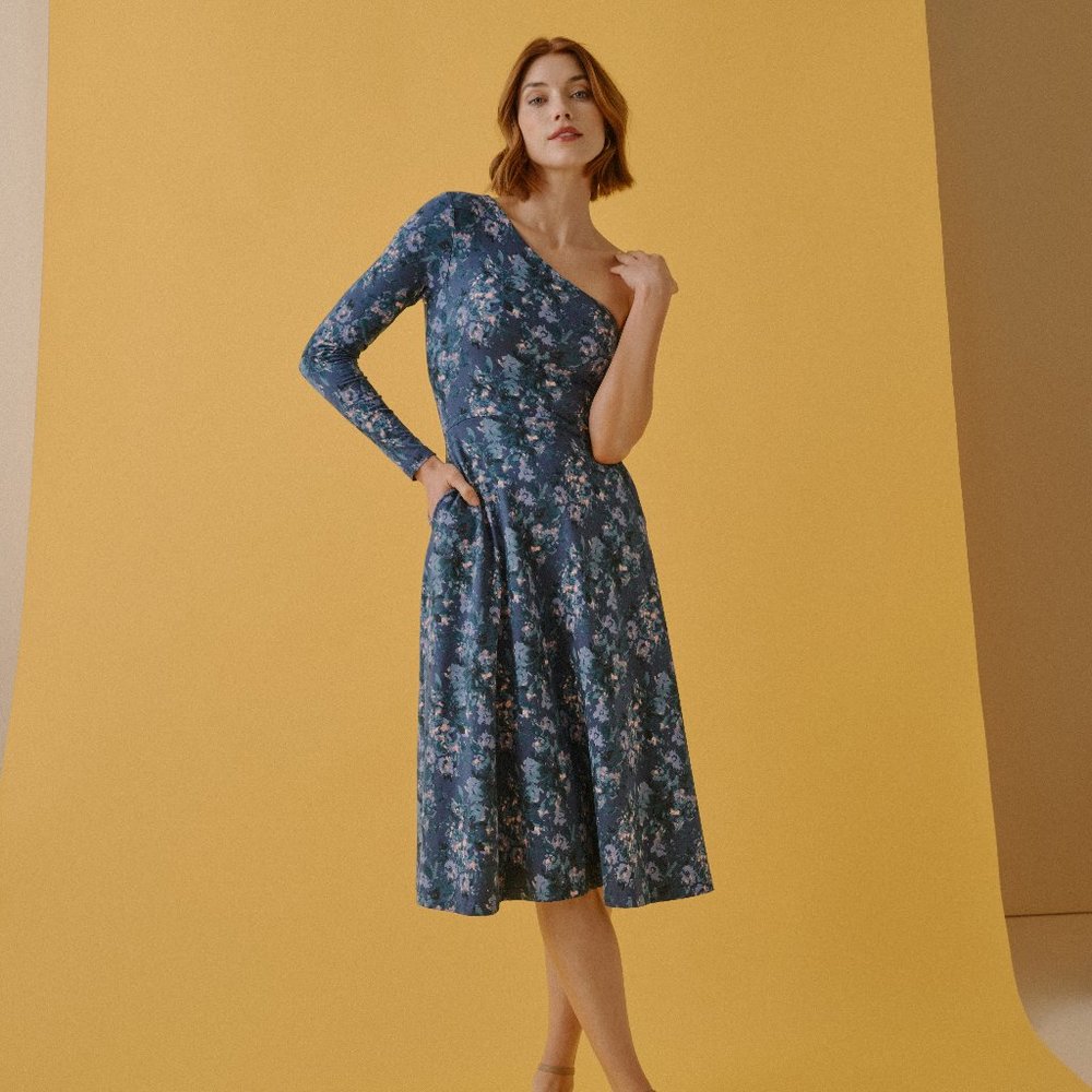 Fit & Flare One Shoulder Midi Dress - Cloud Floral